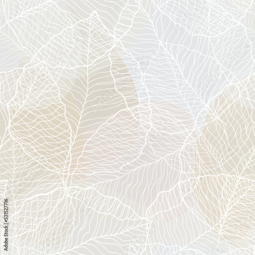 seamless grey abstract floral background with white leaves. Thin lines are drawn with a pencil