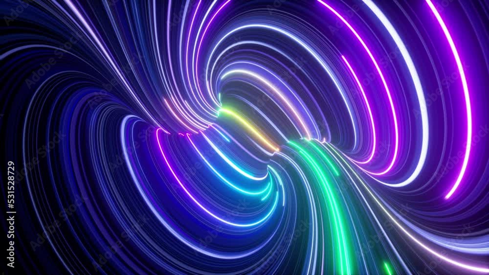 3d animation, abstract background, twisted shape with colorful neon lines and laser rays. Fantastic vortex of space and time strings glowing in the dark