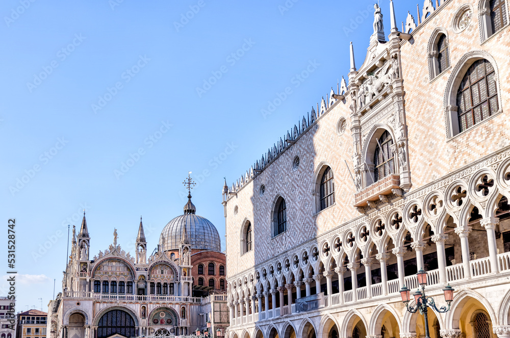 Venice, Italy - July 5, 2022: Building exteriors along the St. Mark's Square in Venice Italy
