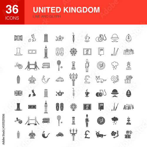 United Kingdom Line Web Glyph Icons. Vector Illustration of England Outline and Flat Symbols. 