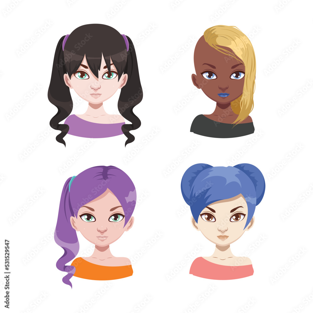 Fashionable diverse women avatars with different hair colors Fashionable diverse women avatars with different hair colors