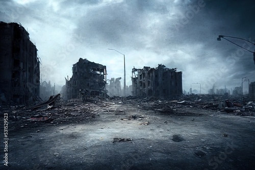 A post-apocalyptic ruined city. Destroyed buildings, burnt-out vehicles and ruined roads. 3D rendering