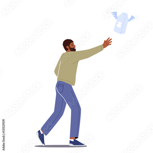 Food Price Inflation Concept with Young Consumer Male Characters Chase Groceries Flying Away. Monetary Value Growth
