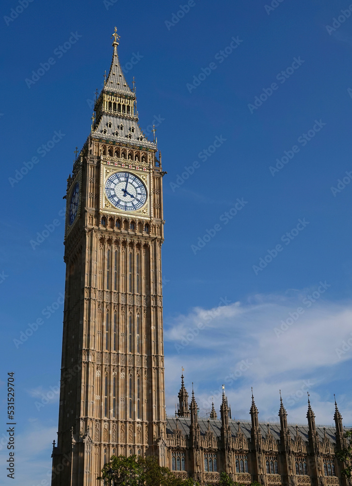 Elizabeth Tower, known as Big Ben, rising above the Houses of Parliament in London, UK. 
