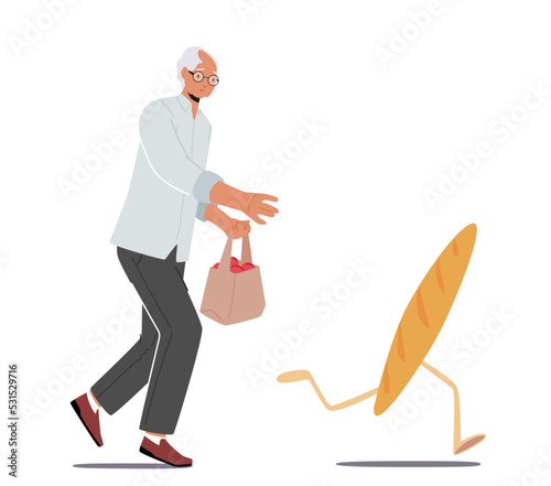 Senior Male Character Chase Groceries. Old Man Chase Bread. Food Price Inflation Rises due to Monetary Value Growth
