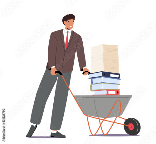 Paperwork, Accounting Bureaucracy Concept, Businessman Push Wheelbarrow with Huge Steak of Documents, Work Overload