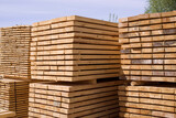 Stack of fresh pine boards in a sawmill warehouse. Harvesting, sale of lumber for construction 