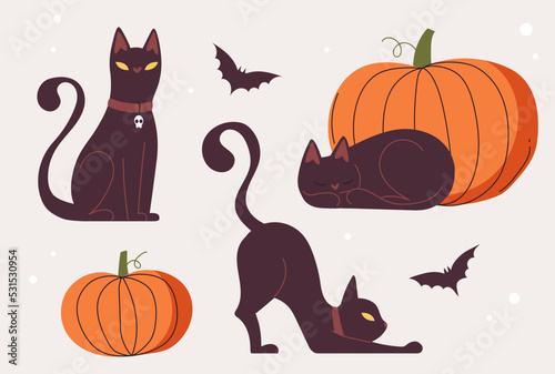 Halloween set with black cats, pumpkins and bats.