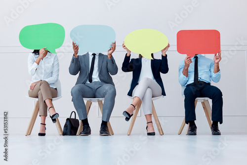 Speech bubble, opinion and business people for social media communication, vote or voice and waiting room HR recruitment. Corporate workers with branding board for advertising, marketing and mock up