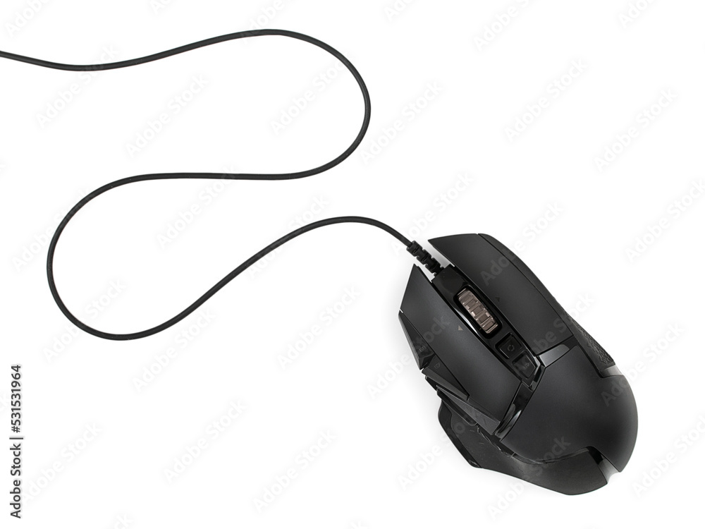 Professional gaming wired mouse isolated on a white background, top view - obrazy, fototapety, plakaty 
