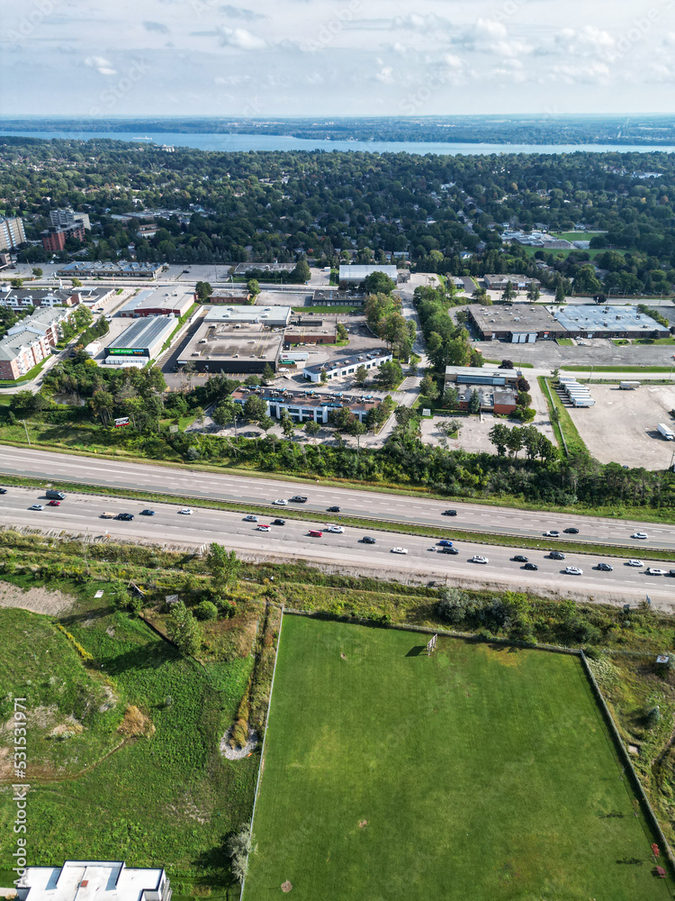 Barrie  highway 400  end of summer drone view  shopping plaza in view 