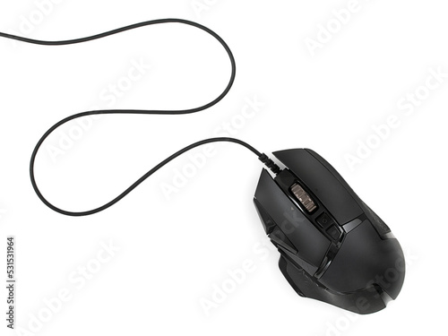 Professional gaming wired mouse isolated on a white background, top view