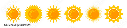 Yellow shining sun icons set