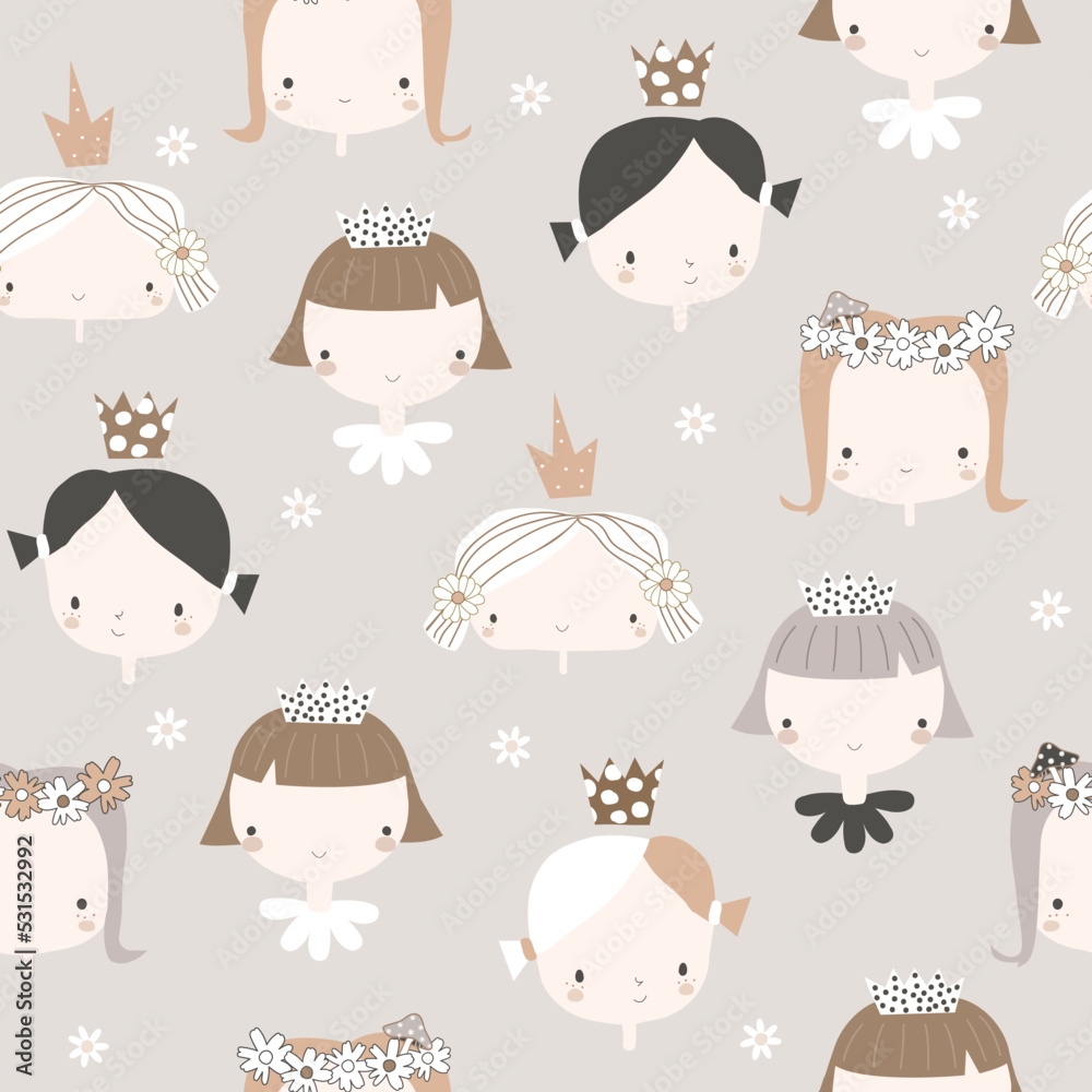 Seamless pattern with cute little princesses. Pastel childish print. Vector hand drawn illustration.