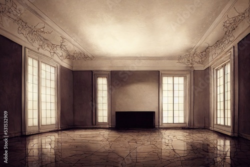 Abandoned mansion room decay 3d illustration render