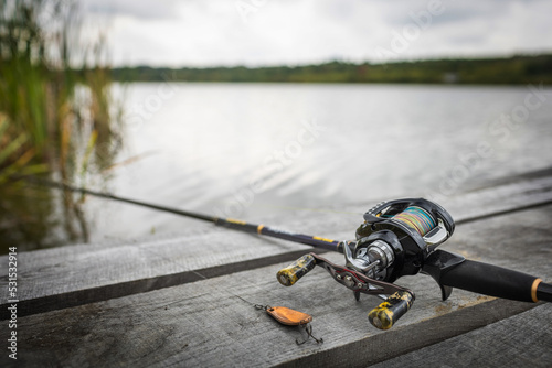 Foto Fishing tackle background. Tools for big fish.