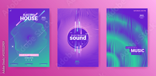 Electronic Music Flyers Set. Techno Party Poster. Gradient Wave Round. Vector 3d Banner. Electro Music Flyers Set. Geometric Sound Design. Abstract Edm Illustration. Electronic Music Flyers.