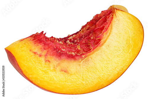 Peach slice isolated on white background, clipping path, full depth of field