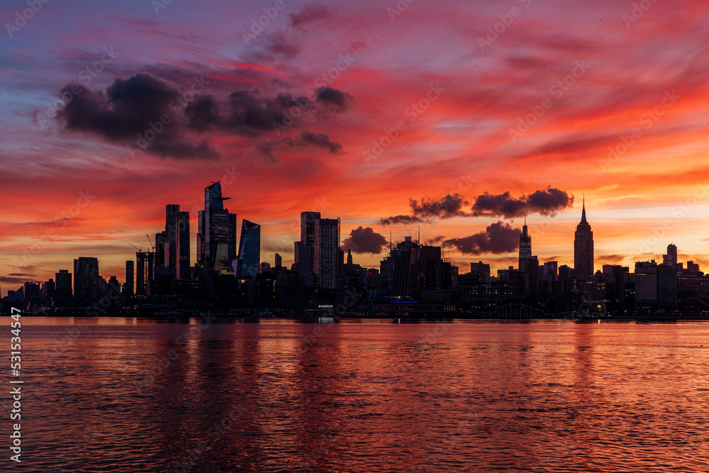 New York City Skyline at Sunrise, Colorful Clouds and City Skyline