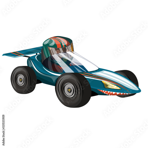 Vector image of a stylized racing car in the form of a shark with a bear racer in an outfit and a helmet. Concept. Isolated on white background. EPS 10