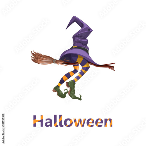 Vector image of a witch's hat and legs sticking out from under it. Halloween. Cartoon style. Isolated on white background. EPS 10