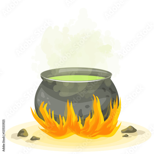 Vector image of a witch's pot with a potion brewing on a fire.Halloween. Cartoon style. Isolated on white background. EPS 10