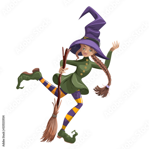 Vector image of a young witch with a broom.Halloween. Concept. Cartoon style. Isolated on white background. EPS 10