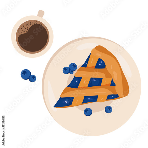 blueberry pie with a cup of coffee tea, vector