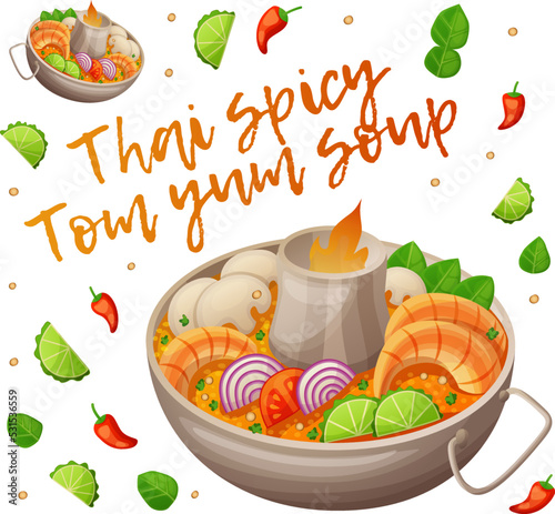 Hot tom yum soup vector icon with ingredients. Traditional dinner cartoon illustration isolated on white background