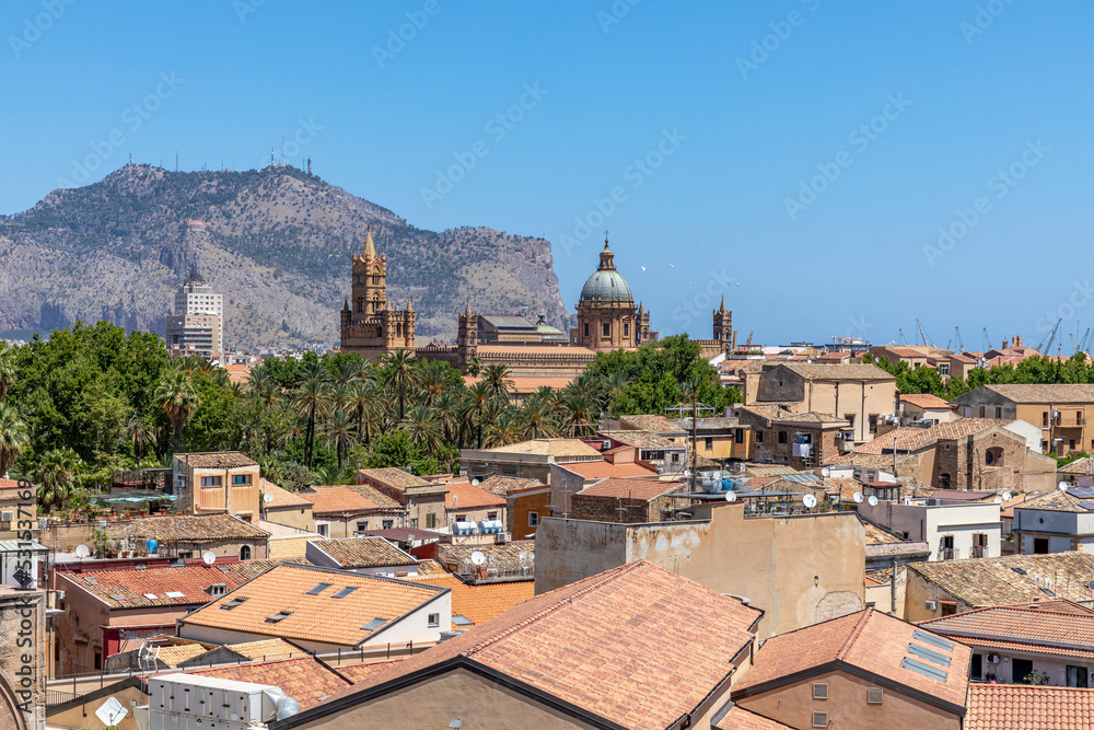 Palermo, Italy - July 7, 2020: Aerial view of Palermo with old houses, churchs and monuments, Sicily, Italy