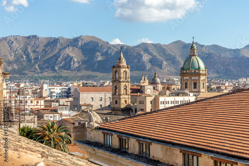 Palermo, Italy - July 7, 2020: Aerial view of Palermo with old houses, churchs and monuments, Sicily, Italy
