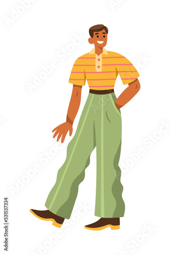 Cheerful man in retro 1960s or 1970s clothes walking