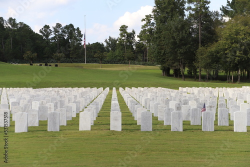 National Cemetery, with markers, head stones , and flags