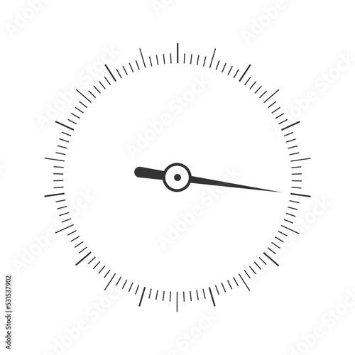 Round 360 degree measuring scale with arrow. Simple template of barometer, compass, protractor, navigator, circular ruler tool interface isolated on white background. Vector outline illustration