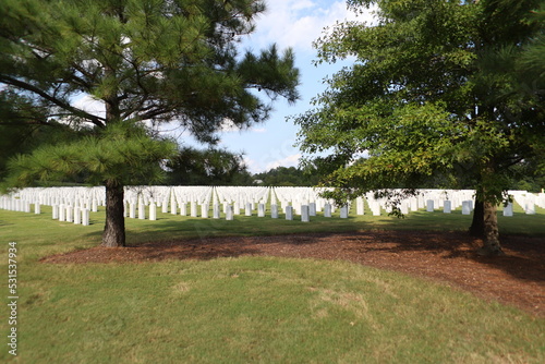 National Cemetery, with markers, head stones , and flags