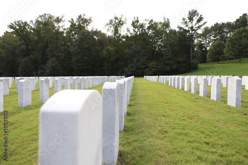 National Cemetery, with markers, head stones , and flags