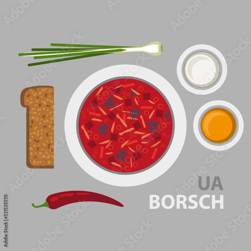 Borsch ukrainian soup, green onion, mustard,sour cream, bread, chili pepper