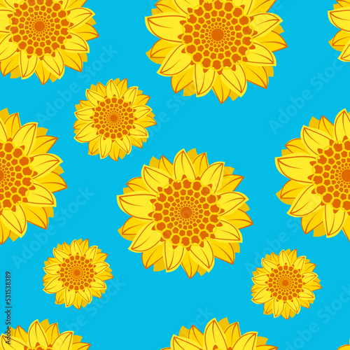 Seamless Pattern with sunflowers on blue pastel background. Pastel Sunflowers field seamless vector pattern for fabric textile design.