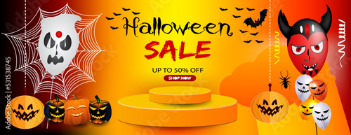 Halloween party background with horror design. Halloween party poster, happy Halloween discount sale podium banner with lantern pumpkin. Halloween night vector illustration with bat spiders ghost.