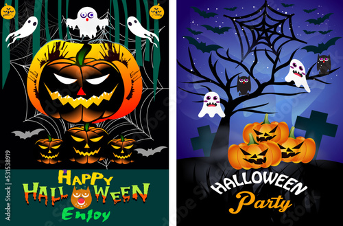 Halloween party background with horror design. Halloween party poster, happy Halloween discount sale podium banner with lantern pumpkin. Halloween night vector illustration with bat spiders ghost.