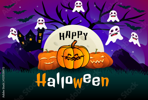 Halloween party background with horror design. Halloween party poster, happy Halloween discount sale podium banner with lantern pumpkin. Halloween night vector illustration with bat spiders ghost.