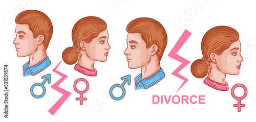 Divorce married couple, family marriage crisis, relationship breakup, quarrel man and woman, separation, love end. Husband and wife conflict. Psychological problem. Social gender discrimination vector