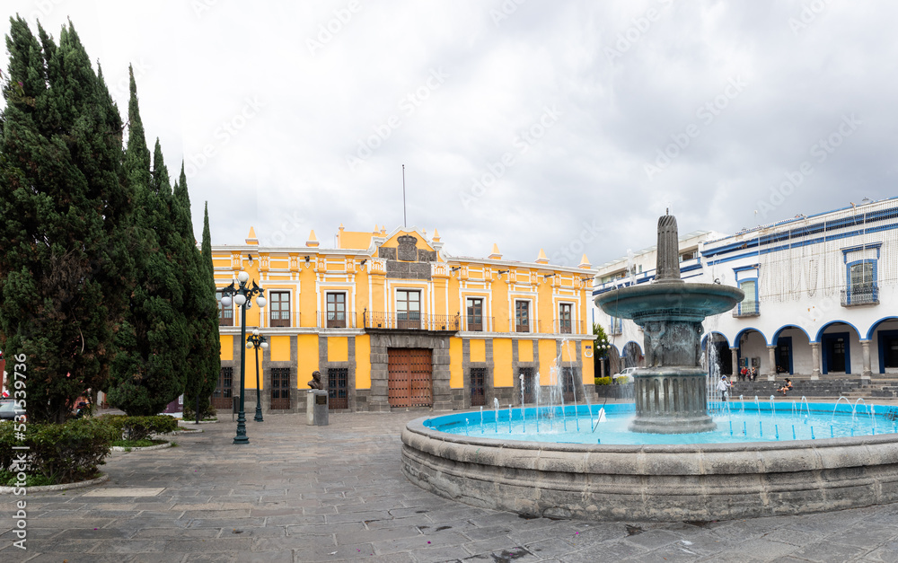 Main theater of Puebla city and fountain panorama