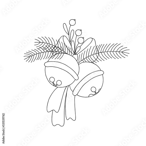 Christmas bell with fir tree branches, plant, bow, ribbon, simple outline vector illustration in doodle style Christmas holiday decor, New Year festive hand drawn image for card, poster, coloring page