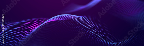 Particle stream. Purple background with many glowing particles. Information technology background. 3d rendering.