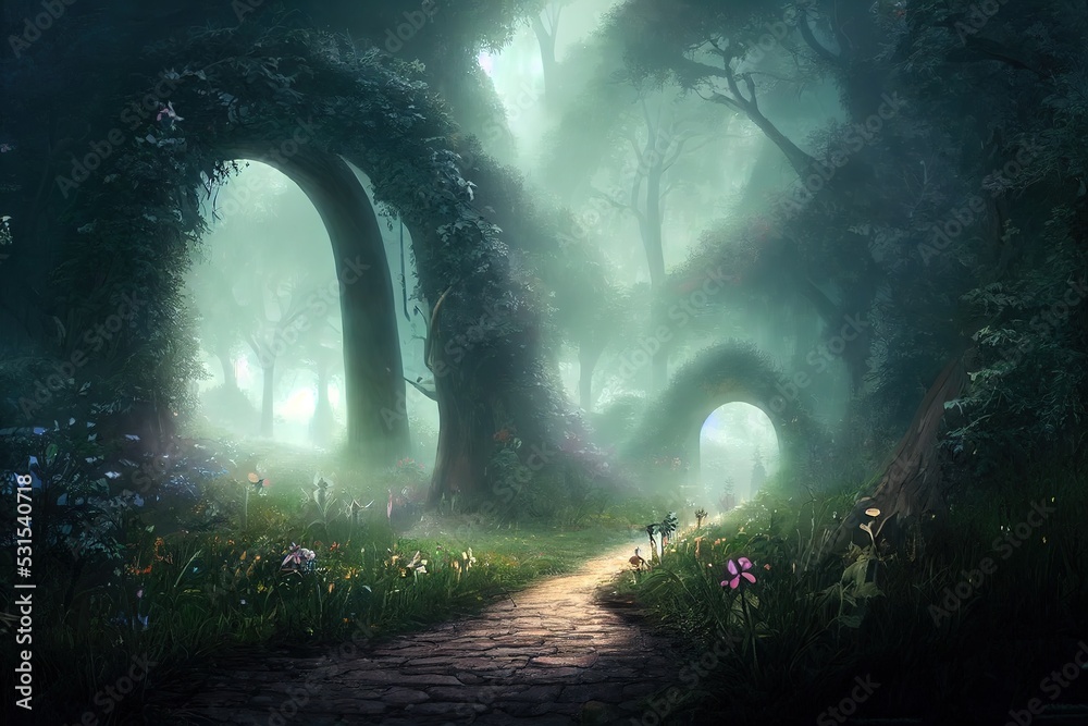Obraz premium Archway in an enchanted fairy forest landscape, misty dark mood, can be used as background, anime style, style, toon,