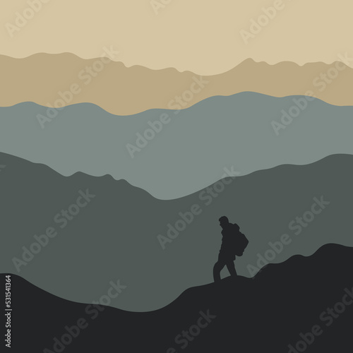 Silhouette of a climber. Isolated hiker on the mountain 