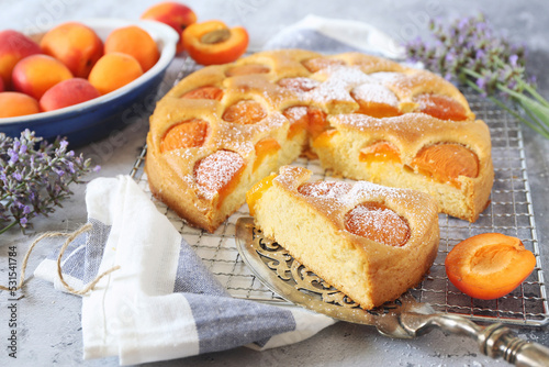 Homemade apricot pie and dry lavender, powdered sugar dressing