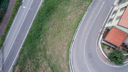 Top view drone photo of a country road