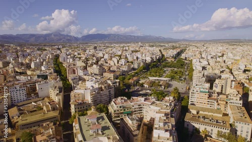 Aerial panoramic view over the city of Palma de Mallorca, Illes Balears, Spain. Cinematic 4K photo